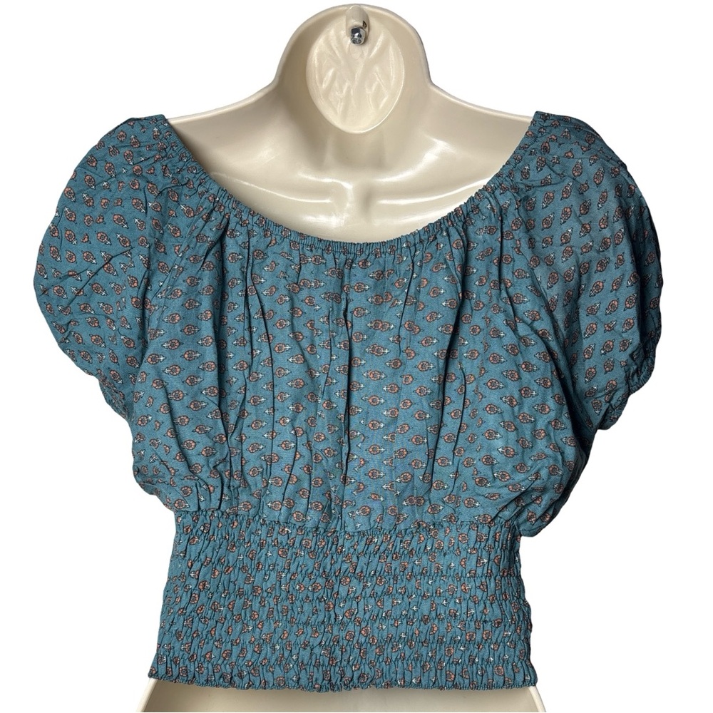 Paths Of The Spirit Teal Floral Short Puff Sleeve Ruched Front Tie Crop Top XL - Picture 2 of 5